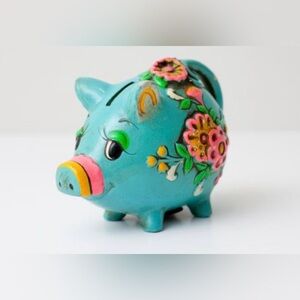 Vintage 1969 Retro Hippy Piggy Bank by Holiday Fair Teal Pink Boho Neon Japan